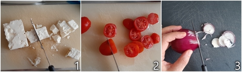 a. cortar a feta em cubos e os legumes em pedaços