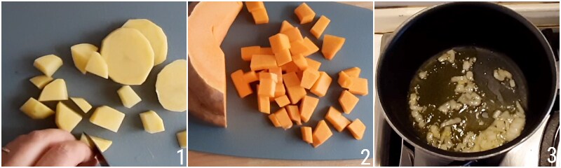 a. cortar abóbora e batatas em cubos para a sopa de arroz