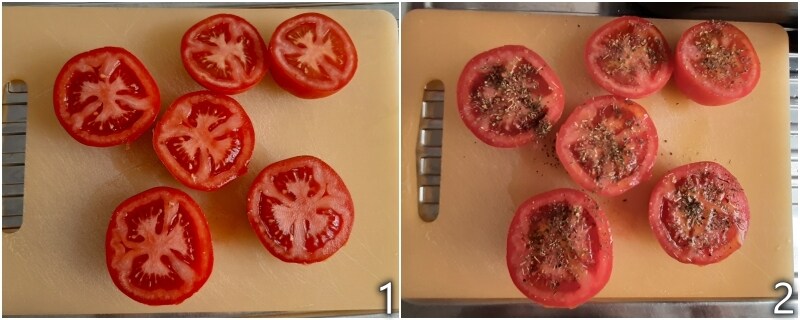 a. cortar ao meio os tomates redondos e temperá-los com ervas aromáticas