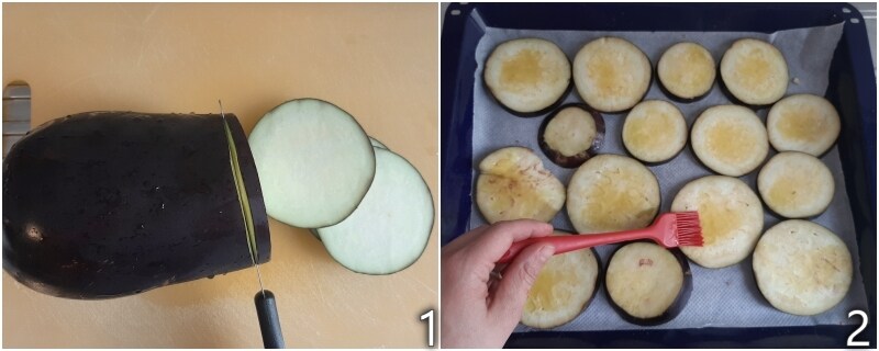 a. cortar as berinjelas em fatias e temperá-las com óleo e sal