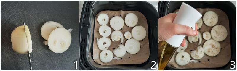 a. cortar as cebolas e borrifá-las com azeite