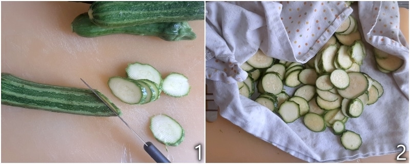 a. cortar e secar as abobrinhas antes de fritá-las