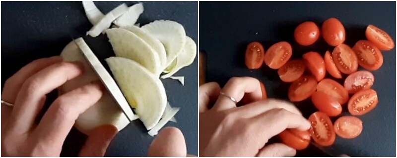a. cortar funcho e tomatinhos