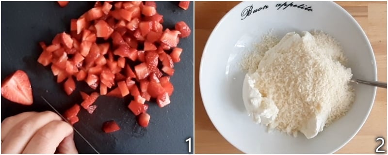 a. cortar os morangos em pedaços