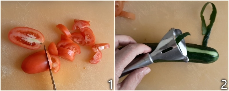 a. cortar os tomates para a salada de feta grega