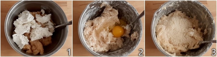 a. misturar frango moído com ricota ovos e parmesão