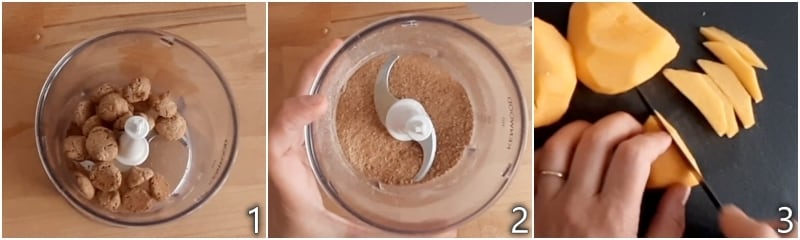 a. triturar finamente os amaretti duros