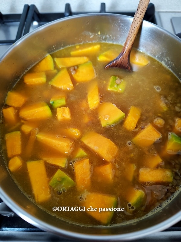 cozimento de abóbora e lentilhas na frigideira