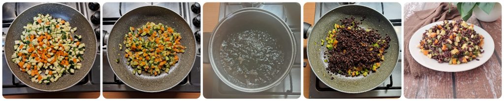 Arroz venere com cenouras e abobrinhas