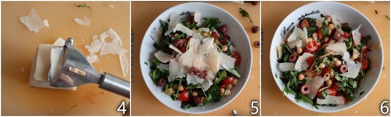 b. adicionar parmesão e azeitonas à salada de rúcula e grão-de-bico