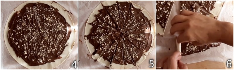 b. tagliare la pasta sfoglia alla nutella in 16 spicchi