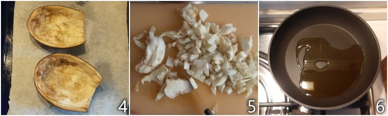 b. cozinhar as cascas de berinjela no forno