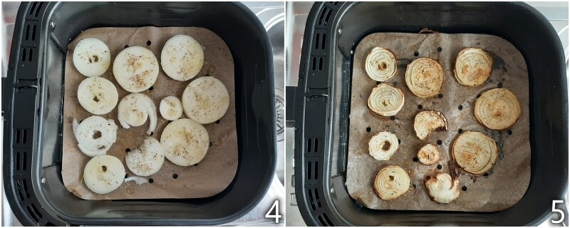 b. cozinhar as cebolas em fatias na fritadeira a ar