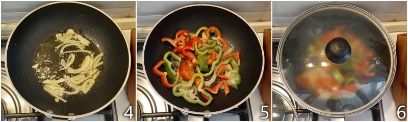 b. cozinhar os pimentões separadamente com a cebola