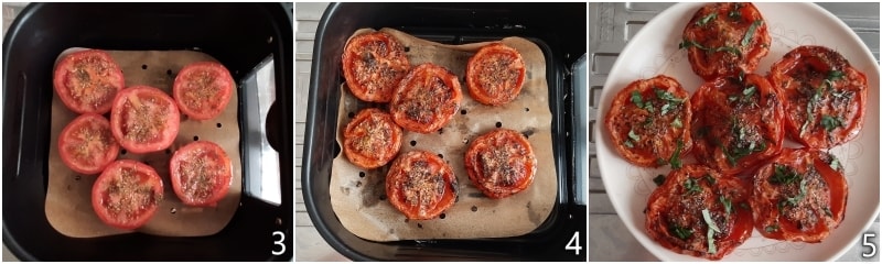b. cozinhar os tomates na fritadeira elétrica