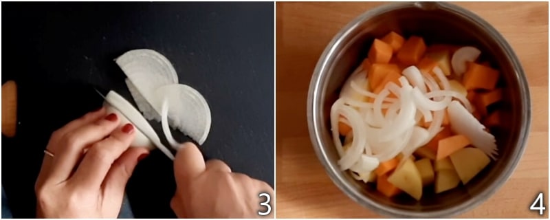 b. misturar em uma tigela abóbora, batatas e cebola