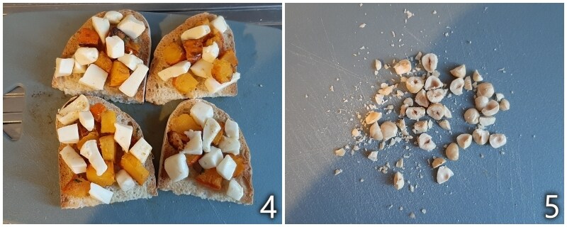 b. triturar grosseiramente as avelãs para decorar os crostini de abóbora