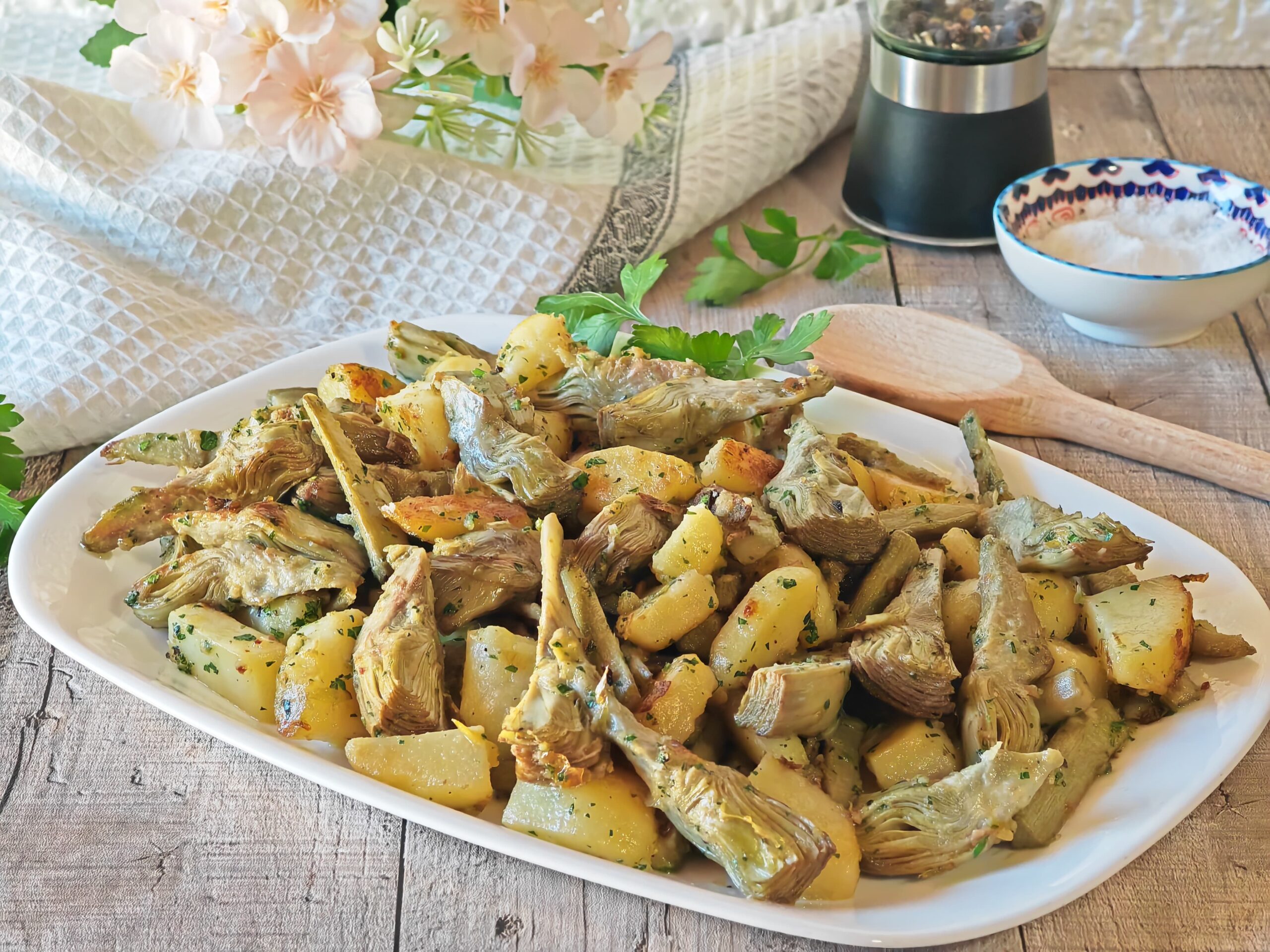 Alcachofras e batatas ensopadas