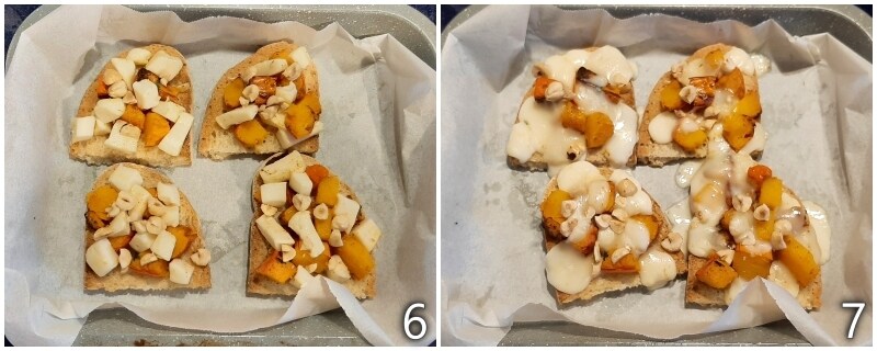 c. colocar os crostini de abóbora no forno para derreter o queijo