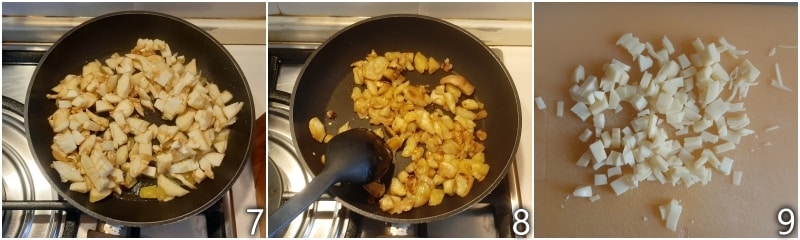 c. cozinhar a polpa de berinjela na frigideira