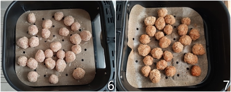 c. cozinhar as almôndegas de carne na fritadeira a ar