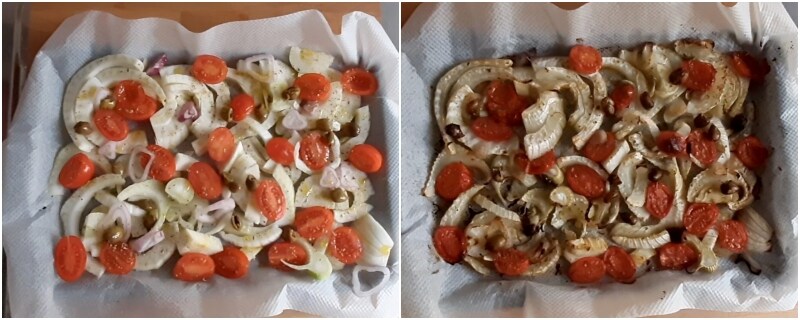 c. cozinhar o funcho assado com tomatinhos, azeitonas e cebola