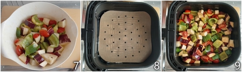 c. dispor os legumes de verão na fritadeira a ar