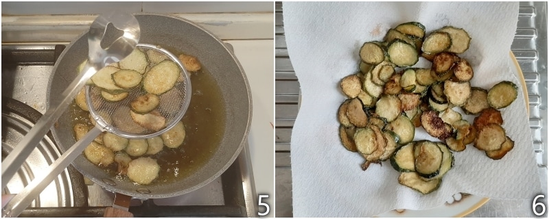 c. escorrer bem as abobrinhas fritas em óleo profundo