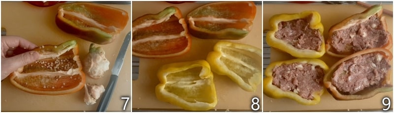 c. rechear os pimentões com a massa à base de carne moída