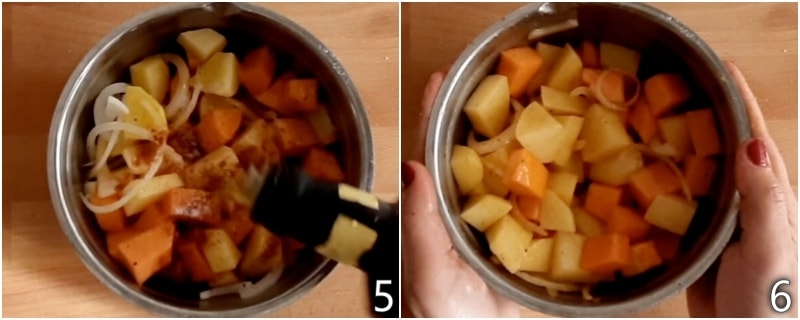 c. temperar abóbora e batatas com óleo, sal e páprica