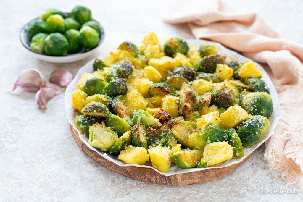 couve-de-bruxelas e batatas gratinadas