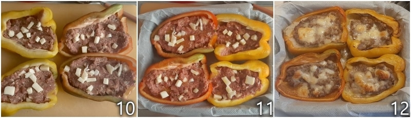 d. cozinhar os pimentões recheados com carne no forno