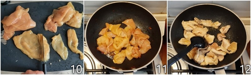 d. dourar o peito de frango na mesma frigideira dos pimentões agridoce