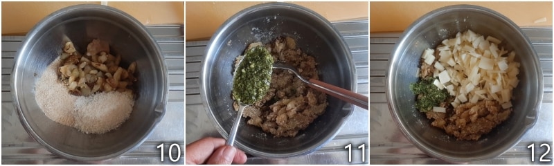 d. misturar a polpa de berinjela com pesto e queijo