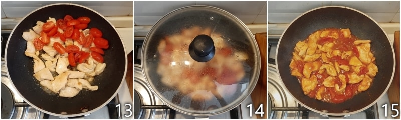e. cozinhar o peito de frango com os tomatinhos