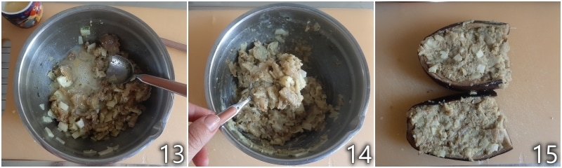 e. rechear as cascas de berinjela com o recheio de pesto