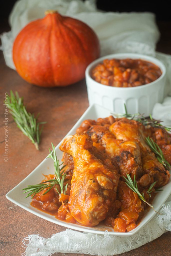 Frango com abóbora cremosa e feijões borlotti