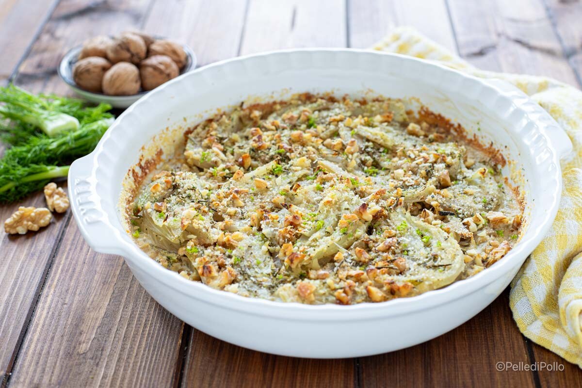Funcho gratinado com nozes e farinha de rosca