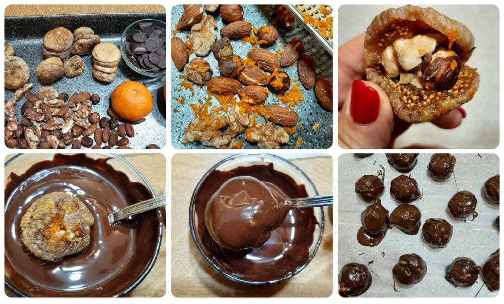 Figos secos recheados com frutas secas cobertos com chocolate