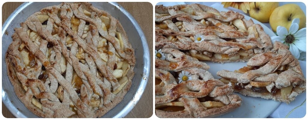 Torta integral com maçãs, uvas-passas e pinhões