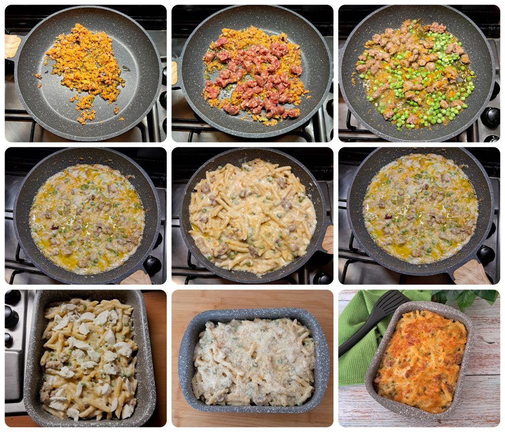 Macarrão com linguiça e ervilhas no forno