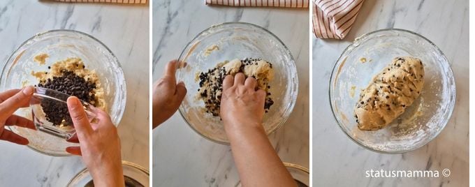 massa de torta de iogurte com gotas de chocolate - mão amassando - massa folhada 2
