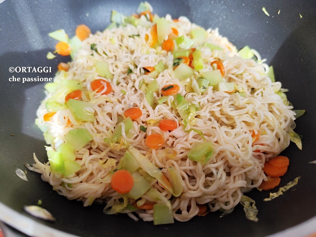 Noodles na frigideira com vegetais (repolho e cenouras)