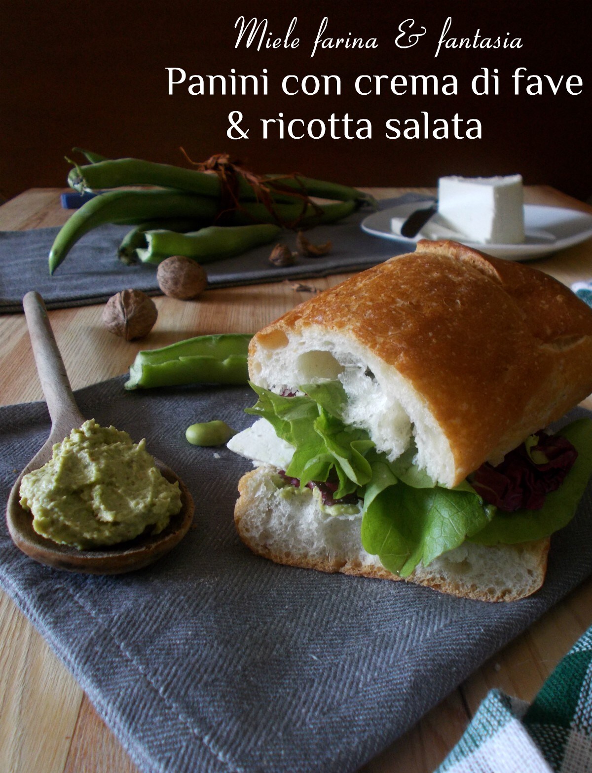 Pães com creme de favas e nozes e ricota salgada