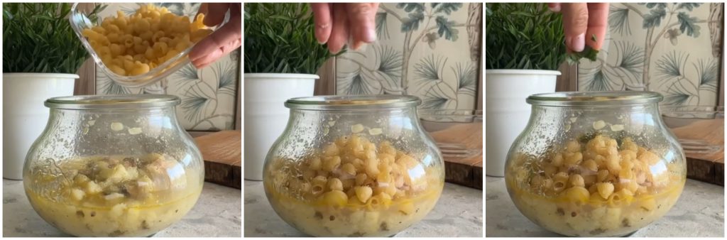 Macarrão com batata e mexilhões na cocção em pote