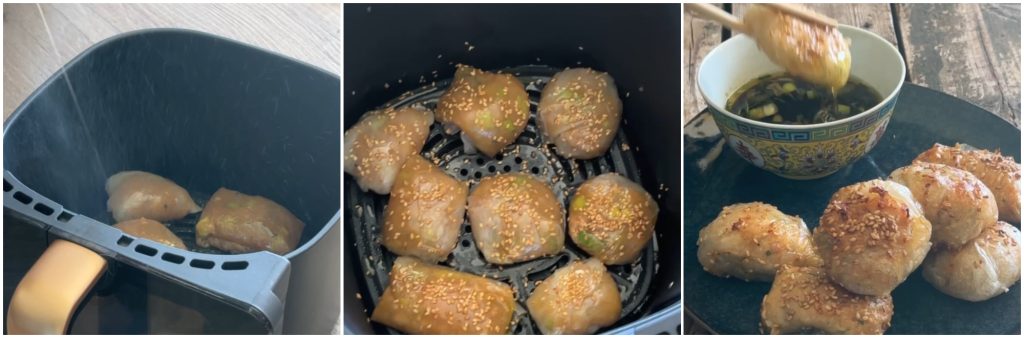 Trouxinhas de arroz recheadas com frango na fritadeira a ar