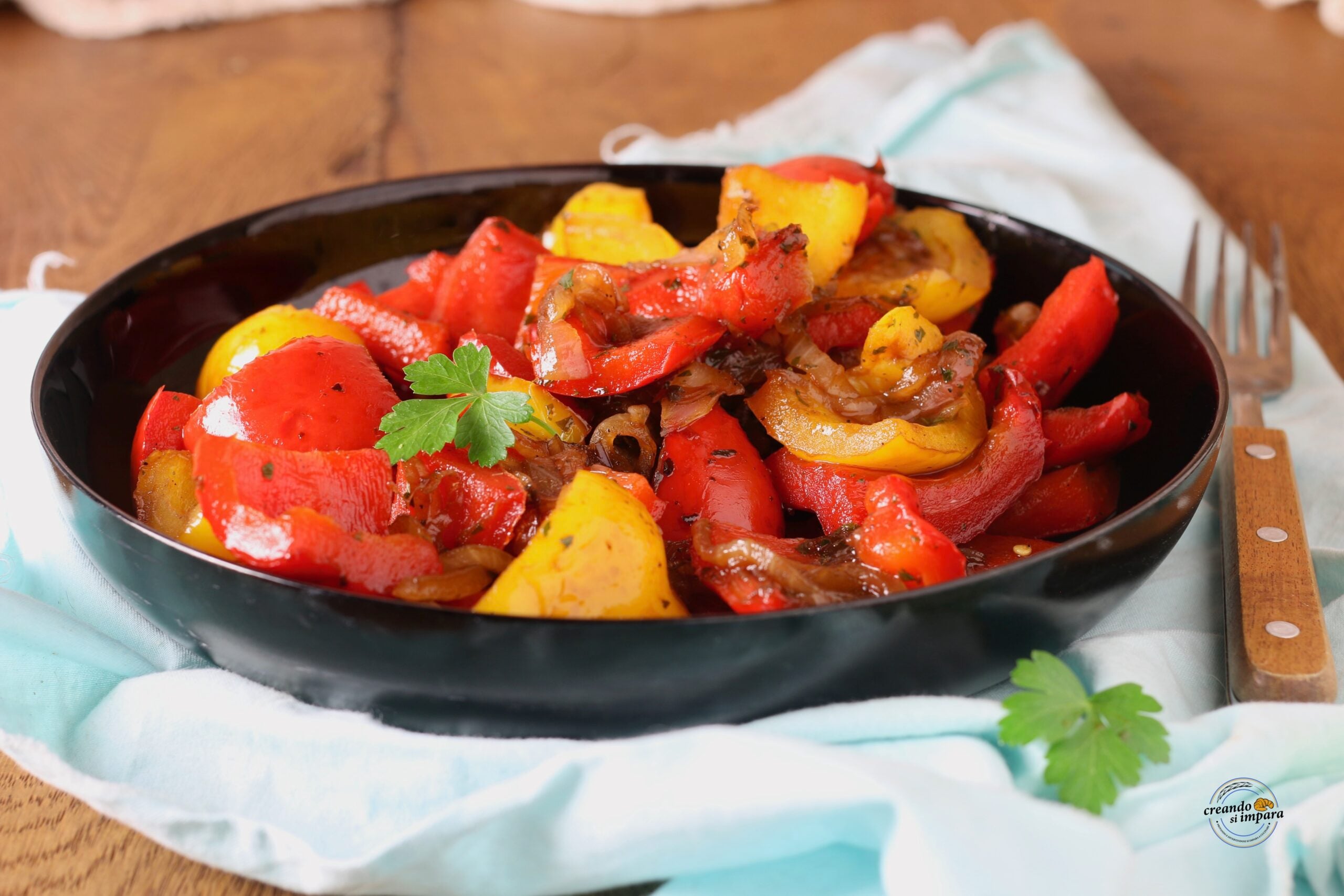 pimentões caramelizados com cebolas