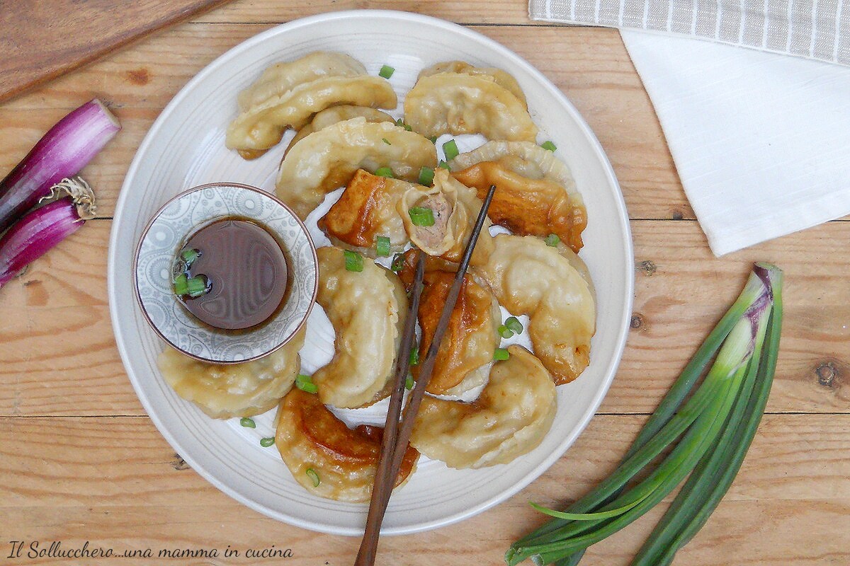 Ravioli chineses de carne no vapor ou na chapa