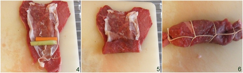 rechear os rolinhos de carne com presunto e vegetais