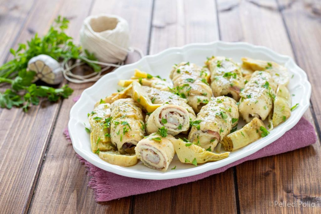 rolinhos de frango com alcachofras e speck